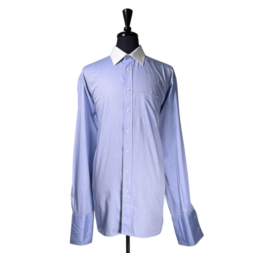 Burberry London Mens Dress Shirt 18.5 39 Tall Blue French Cuff Contrast Collar